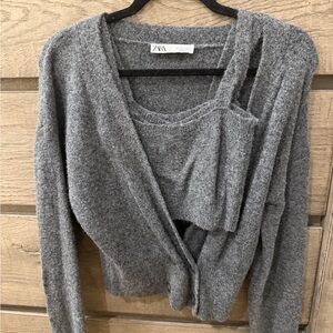 Zara Women's Gray Cardigan Sweater Set